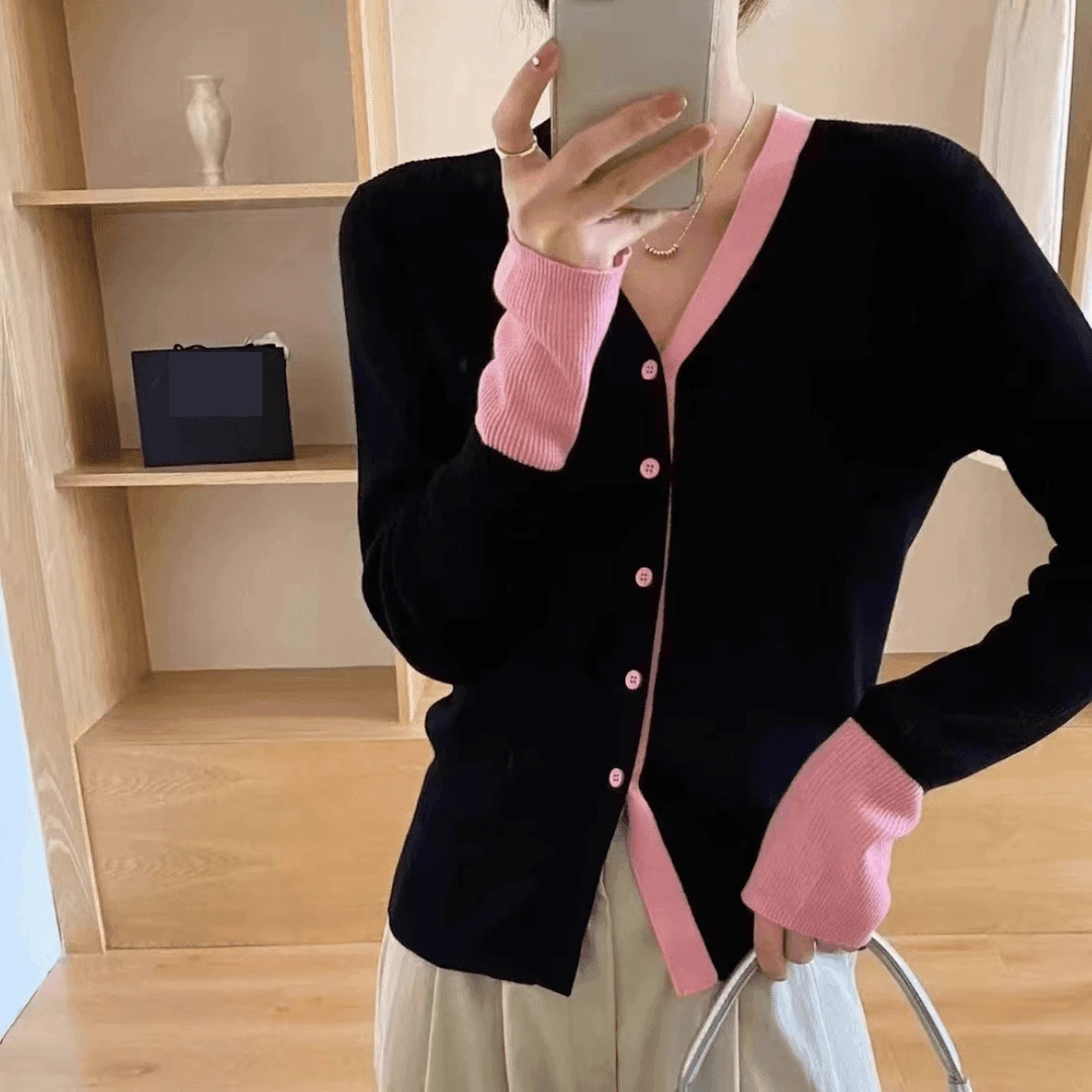 【会飞的猴子】全色大码女装拼色长袖微胖显瘦减龄V领针织衫上衣