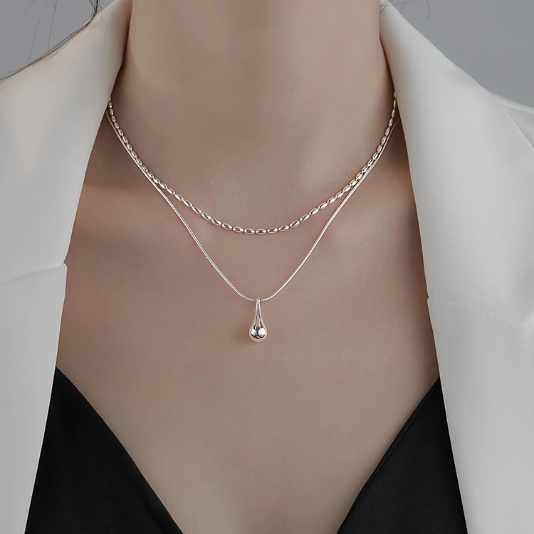 铜合金项链 【水滴】双层叠戴锁骨链叠戴银白色优雅时尚百搭气质
