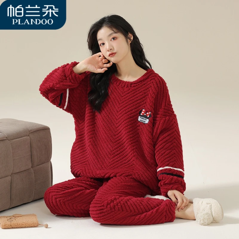 红色本命年珊瑚绒睡衣女2023新款秋冬季加厚保暖法兰绒宽松家居服