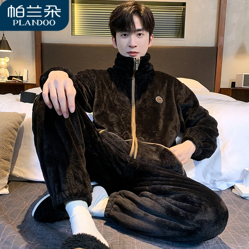 男士睡衣秋冬季保暖珊瑚绒加绒厚款法兰绒青年大码休闲家居服套装