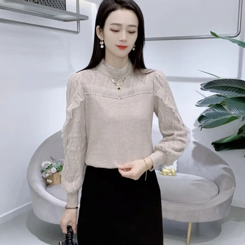 新款拼接蕾丝长袖打底衫洋气上衣宽松显瘦时尚百搭秋冬半高领