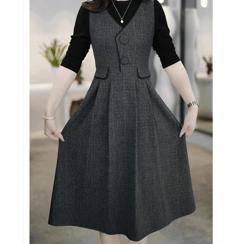 春秋季新款长袖连衣裙减龄遮肉显瘦洋气灰色气质时尚复古收腰