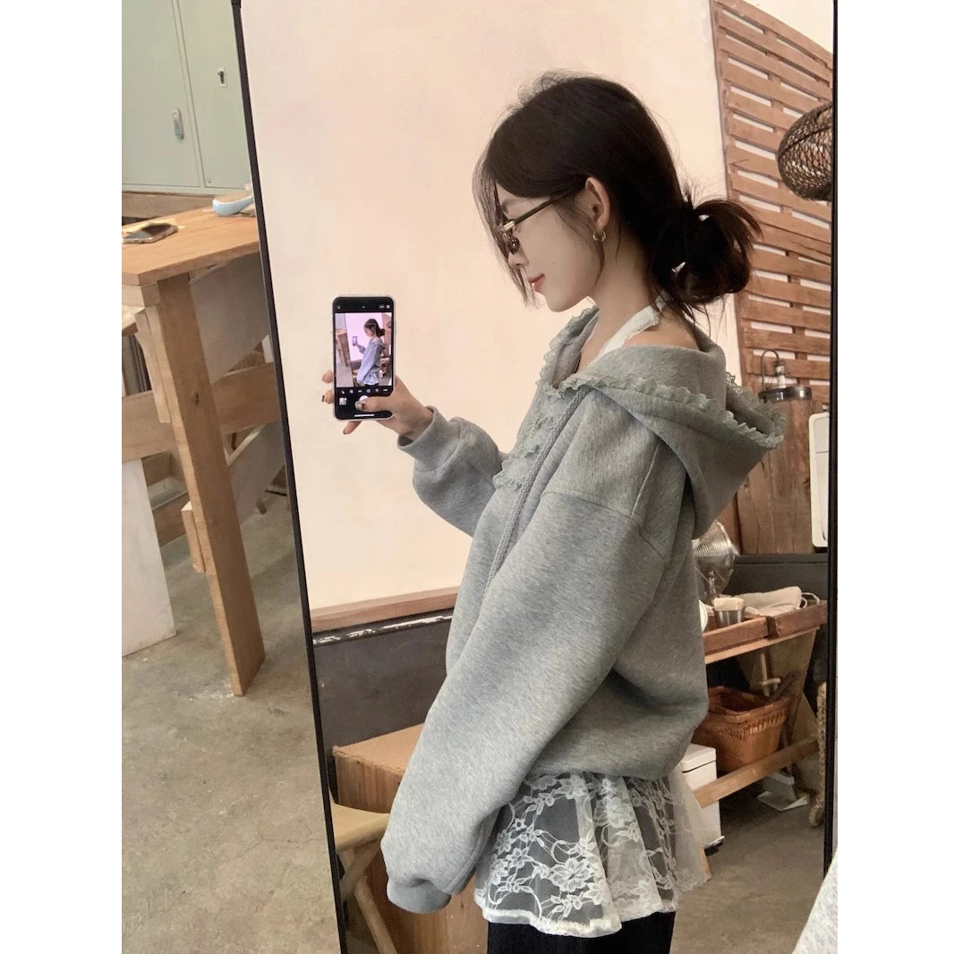 套装木耳领连帽女卫衣春秋款2024新款设计感蕾丝拼接学生长袖外套