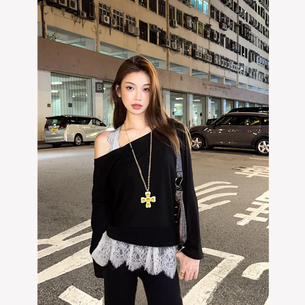 黑色斜肩露锁骨一字肩长袖T恤女秋季辣妹修身收腰设计感套装上衣