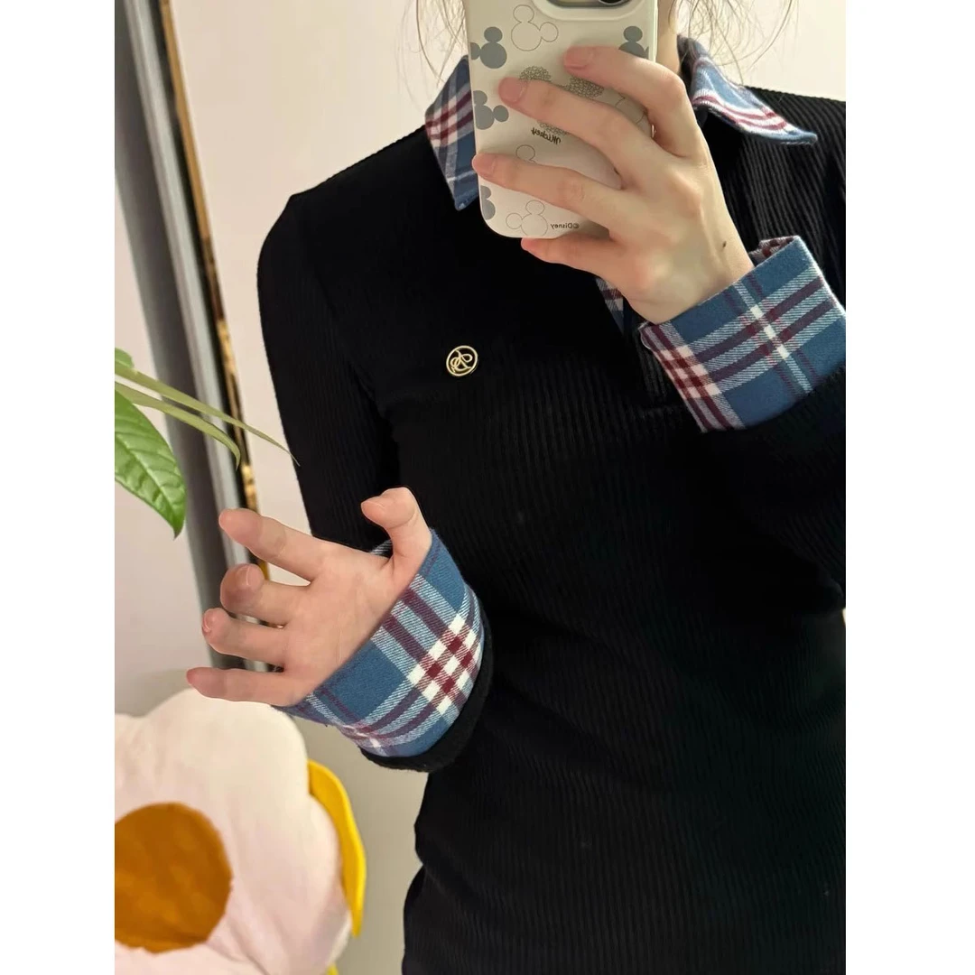 纽扣假两件格纹撞色打底衫女秋冬修身显瘦polo领针织衫长袖上衣