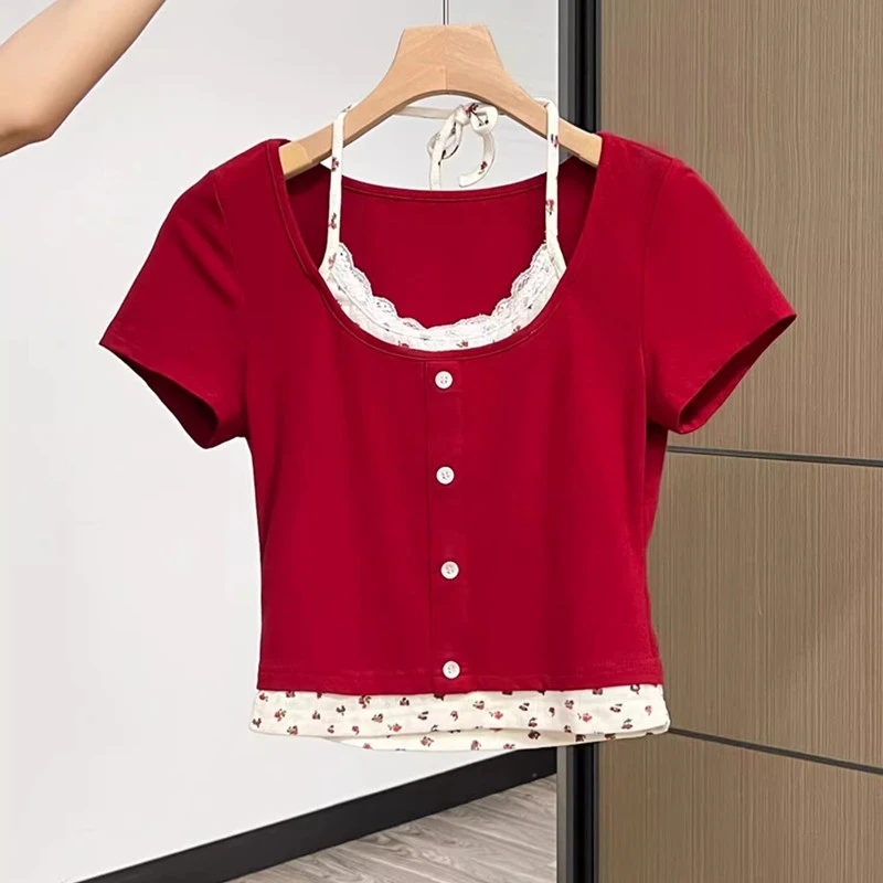 碎花低领蕾丝拼接短袖t恤女夏小众设计感修身假两件挂脖短款上衣