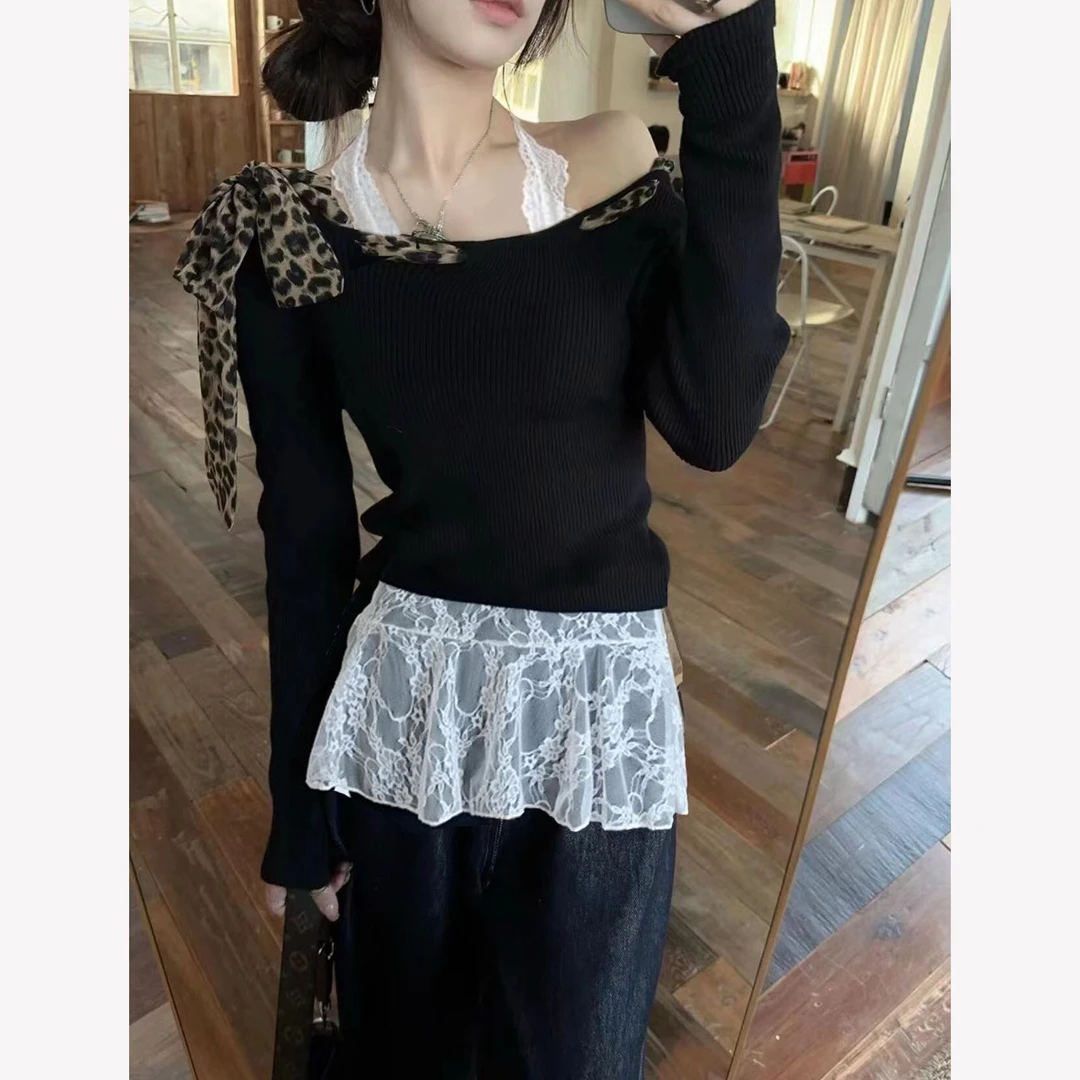 设计感小众套装豹纹系带长袖T恤秋季新款显瘦斜肩短款辣妹上衣女