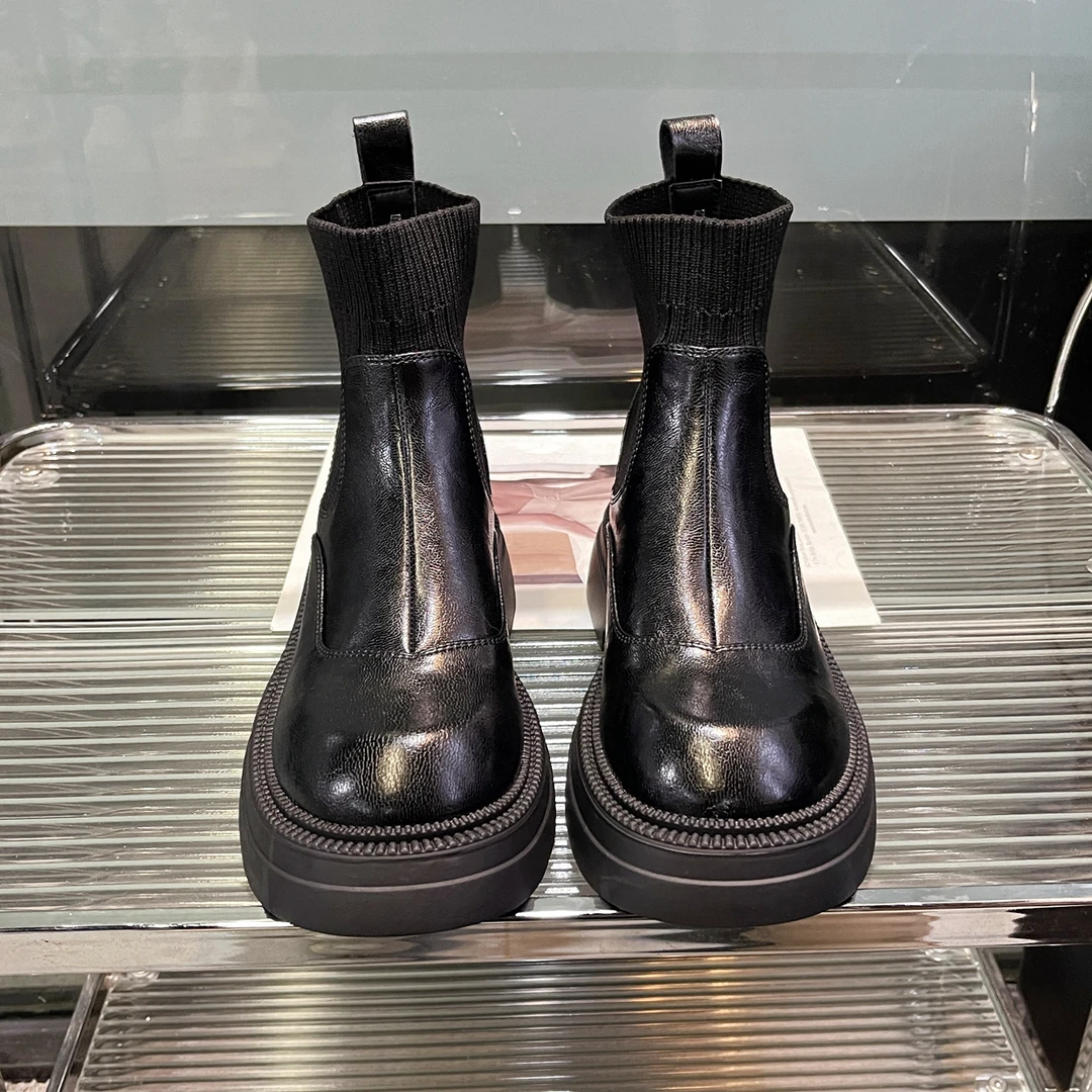 CZ7078牛皮时尚秋冬百搭圆头切尔西女靴2024新款厚底英伦风短靴