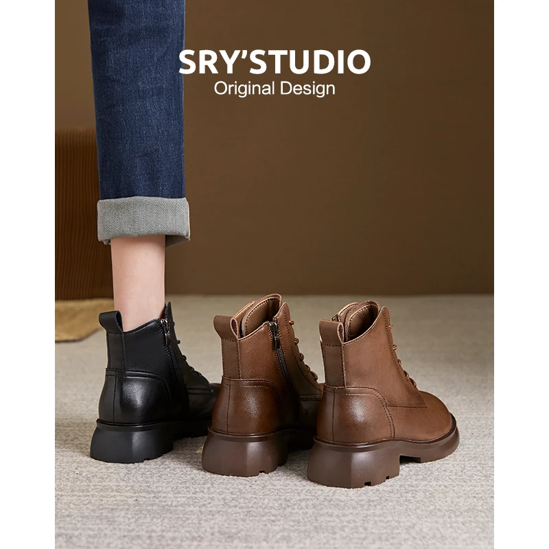 CZ6915牛皮侧拉链炸街小短靴女2024秋冬季新款英伦风棕色马丁靴子