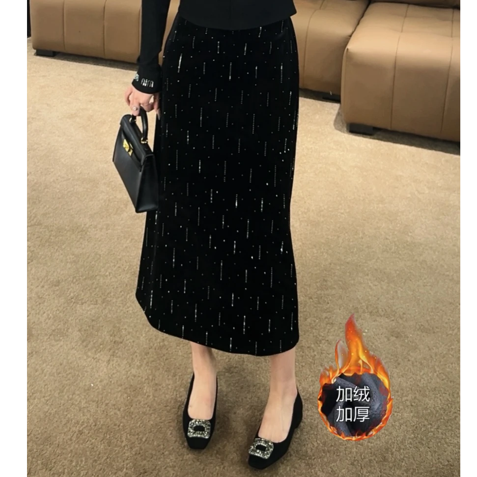 秋冬新款暗夜銮金韩式重工烫钻显瘦高腰包臀半身裙6773