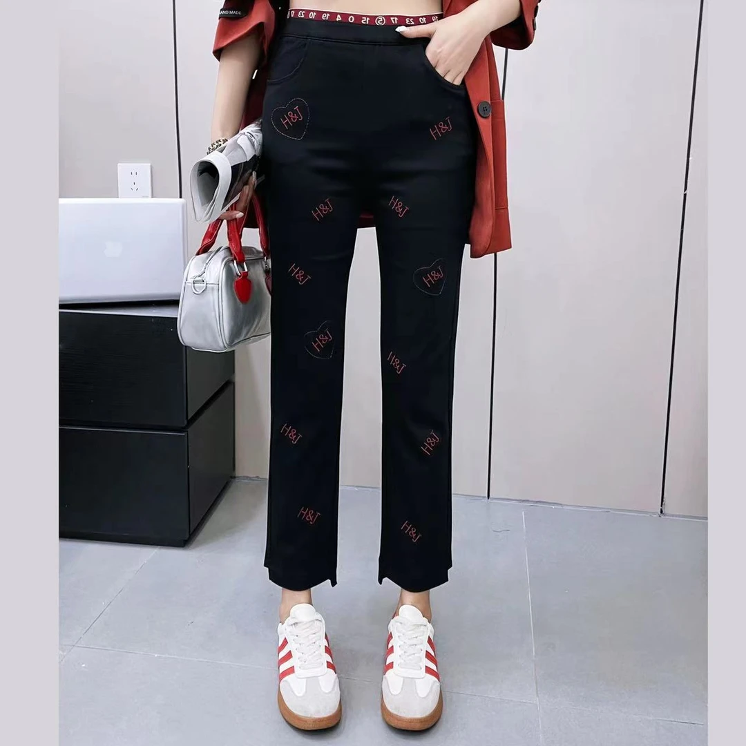 【合肥欢欢】8866#2024新款秋季百搭时尚刺绣弹力显瘦烟管裤女九分