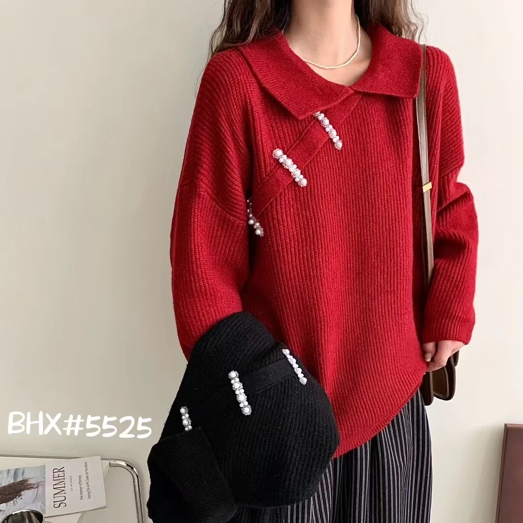 合肥欢欢】5525#秋冬气质新中式慵懒风珍珠盘扣宽松大码翻领毛衣女