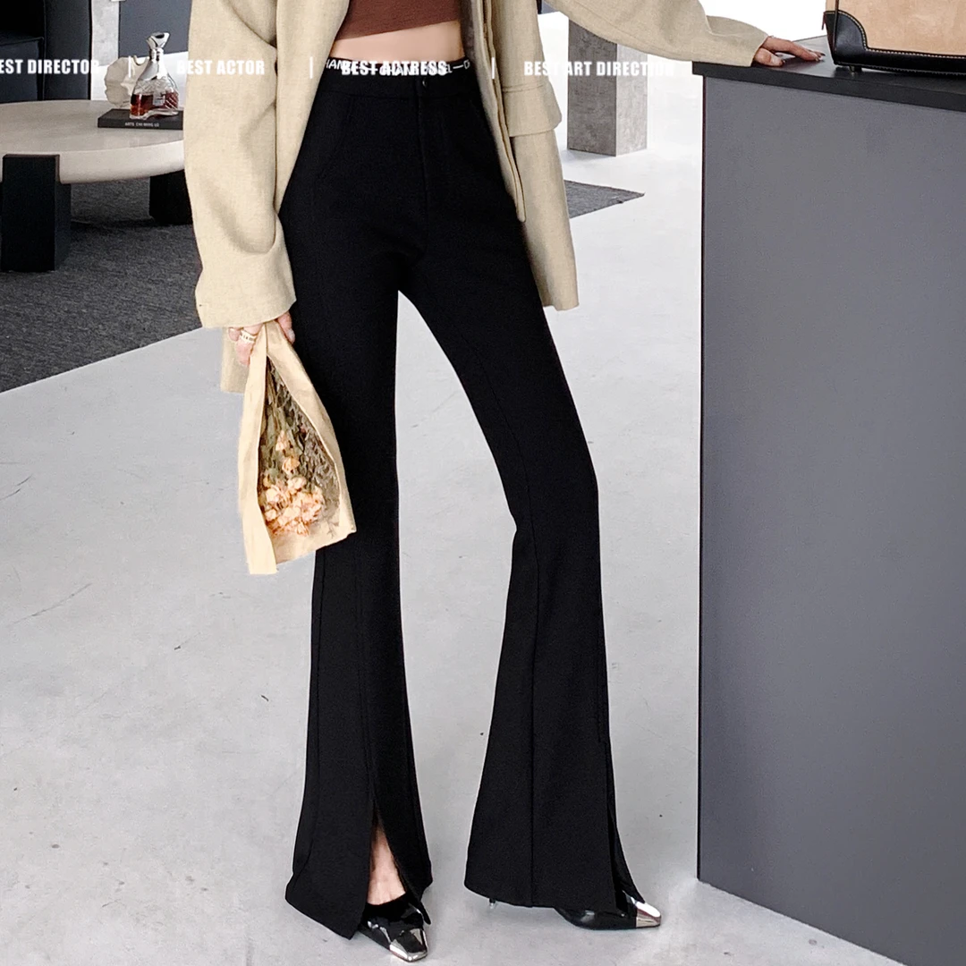 【合肥欢欢】7261#新款时尚西装韩版通勤黑色显瘦开叉微喇休闲裤女