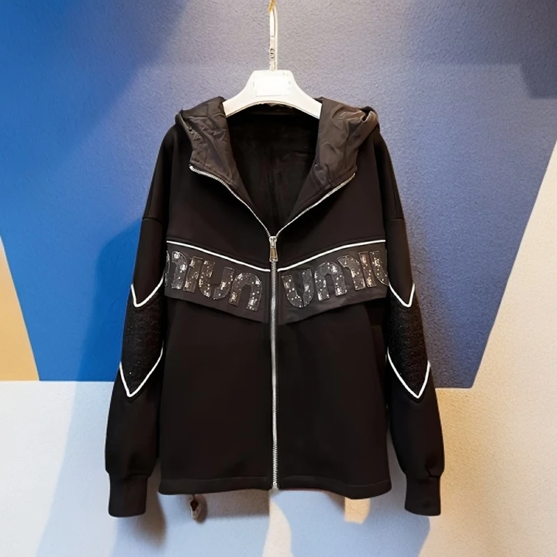 【合肥欢欢】8304#冬街头百搭潮流刺绣亮片宽松休闲加绒连帽外套女