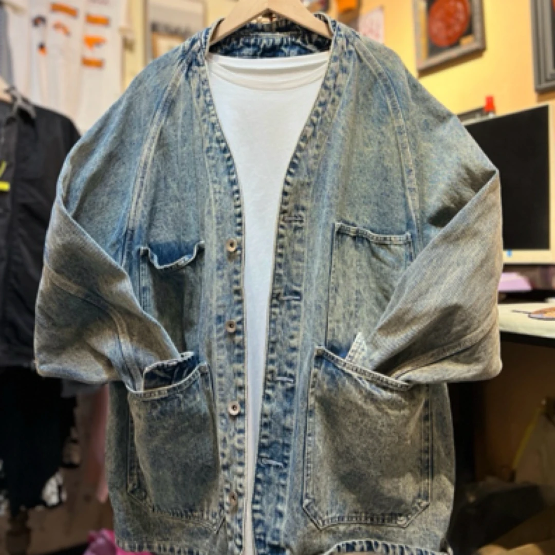 拍编码1-30日系复古重磅水洗V领牛仔道袍休闲男外套宽松工装夹克