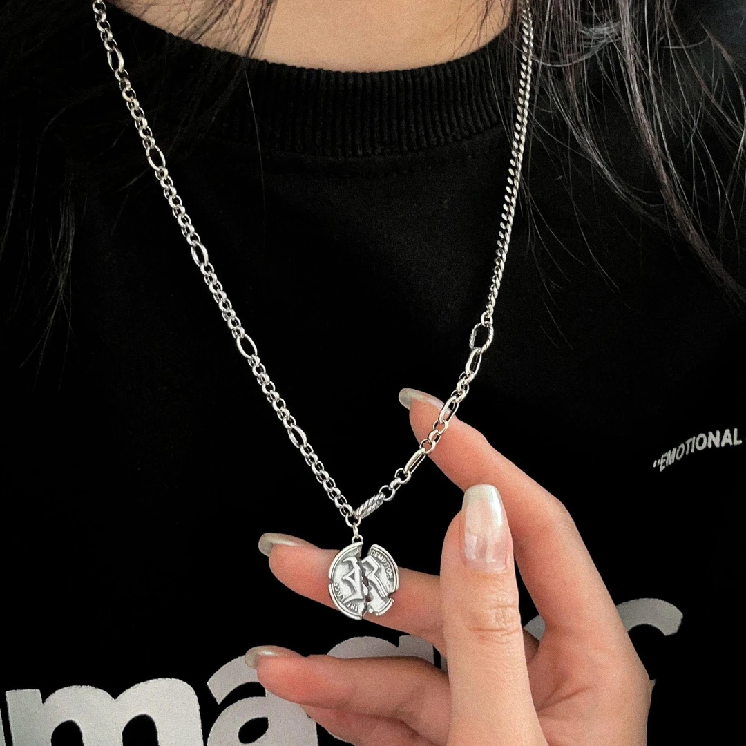 链子925银 欧美纯银圆牌项链女潮ins冷淡风毛衣链短款锁骨链卫衣