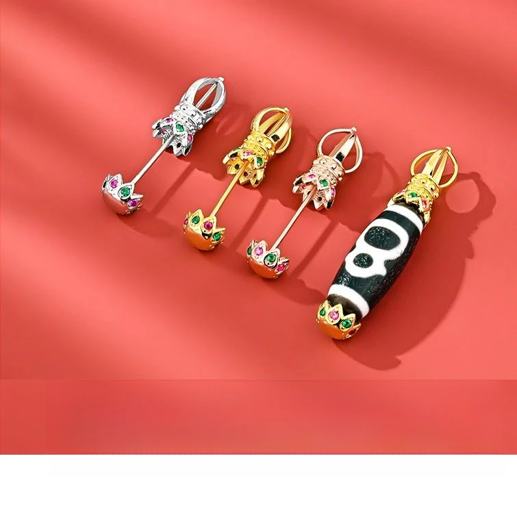 吊坠925银 珠银扣头运珠手工吊坠空托扣可拧开挂坠竖穿三眼珠项