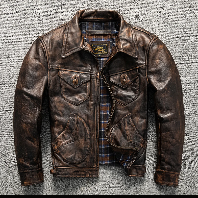 门多萨全粒面头层牛皮擦色男士翻领机车服真皮皮衣夹克秋冬外套