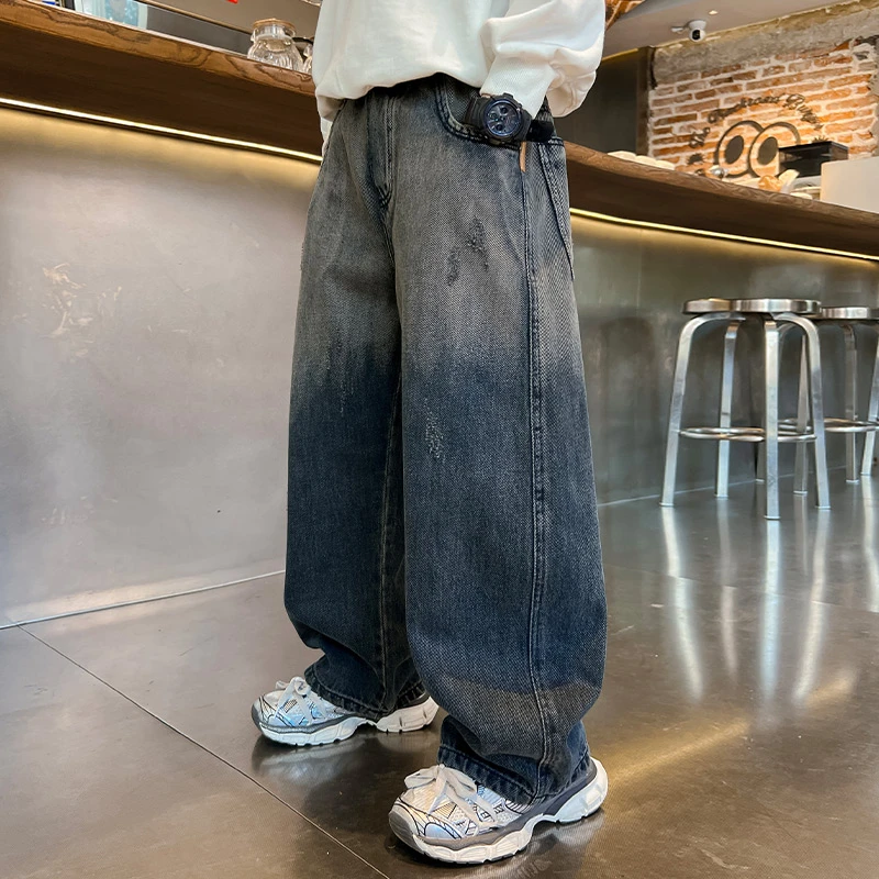 男童春秋牛仔裤宽松新款儿童中大童炸街长裤裤子冬季加绒一体绒潮