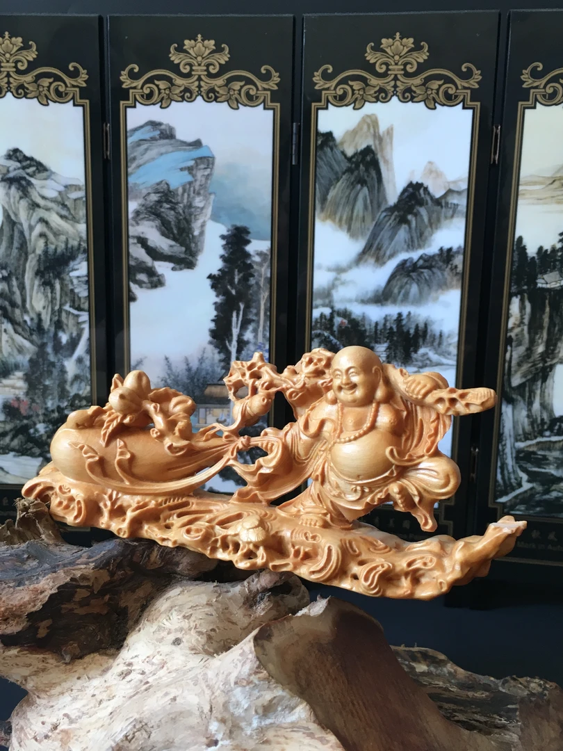 柏木布袋弥勒佛摆件车摆弥勒雕刻长14cm