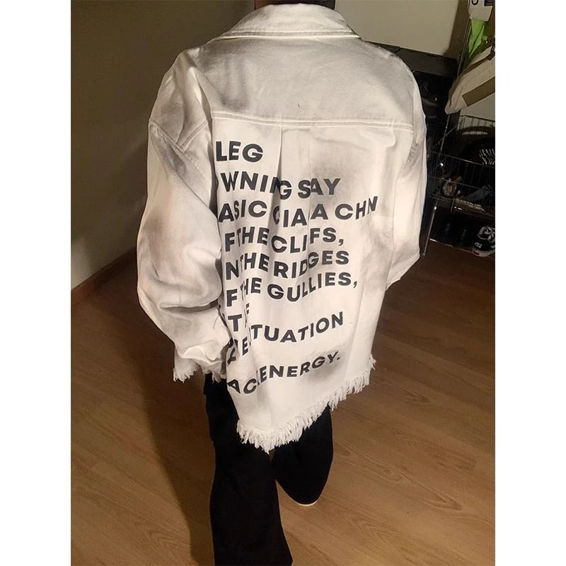 美式复古潮牌背后字母牛仔外套男女ins高街宽松破坏毛边情侣夹克