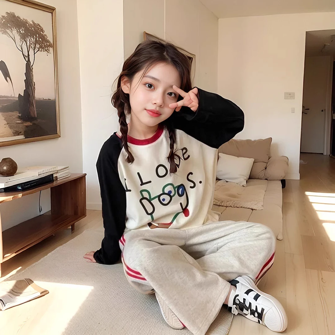 儿童韩系卡通印花棉质撞色插肩袖女童宽松百搭童装春秋长袖T恤