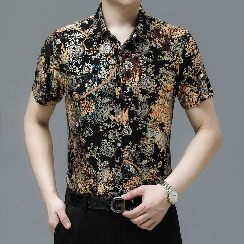 夏季男士短袖碎花衬衫2023新款薄款中年爸爸装烫金半袖免烫衬衣男