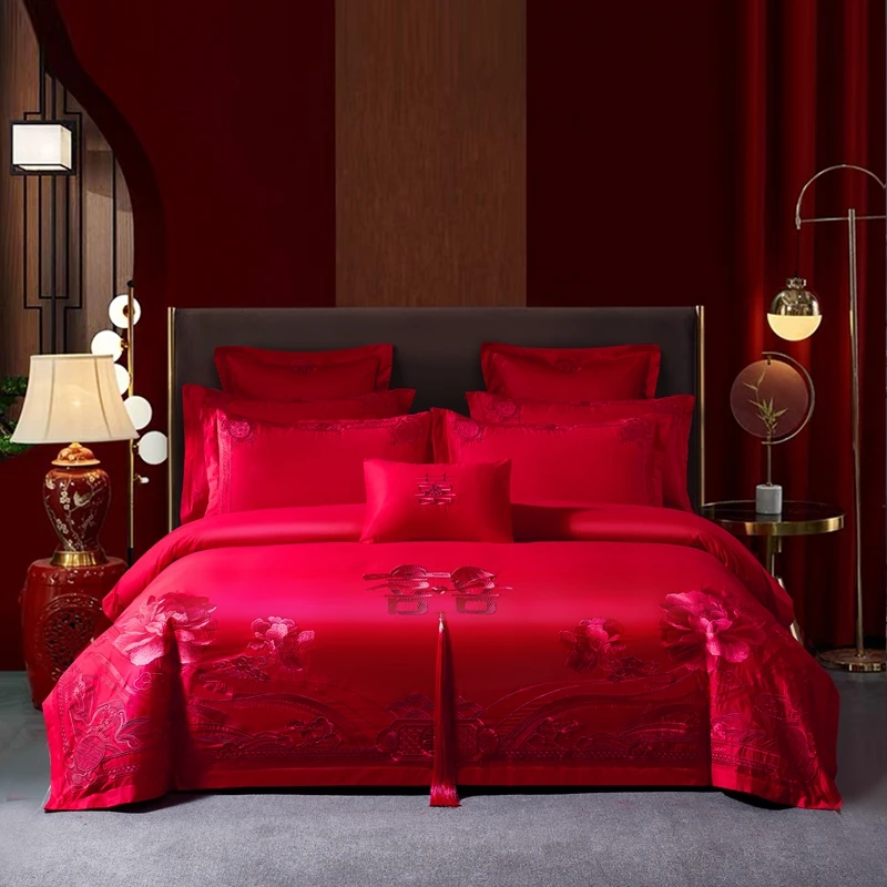 水星180支家纺大红婚庆四件套全棉纯棉被套结婚床单喜庆被罩刺绣