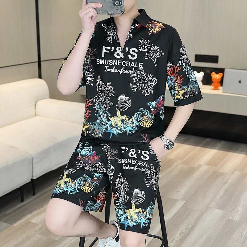 2024夏季男款个性印花海草潮流宽松短袖短裤一套外穿时尚休闲套装