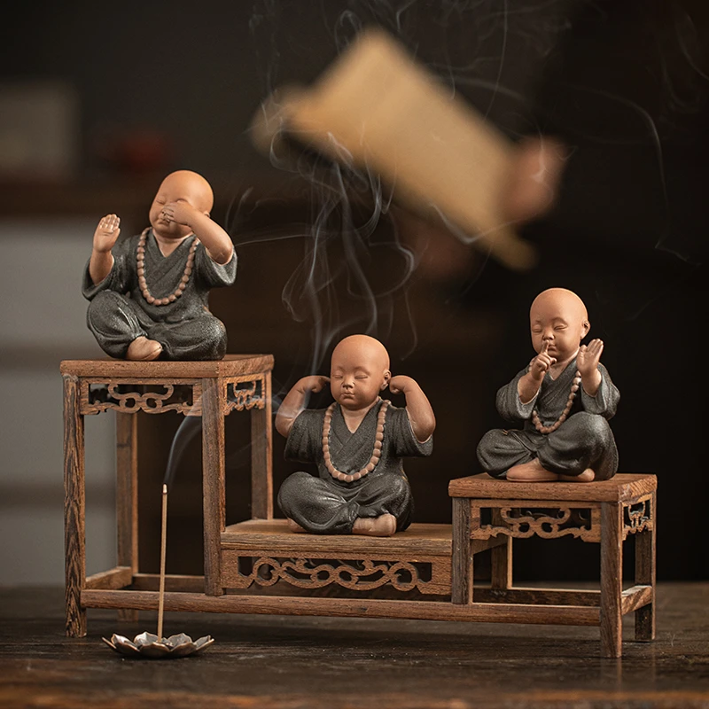 紫砂三不小和尚高端手工陶瓷摆件家居客厅办公室茶台茶宠装饰个性