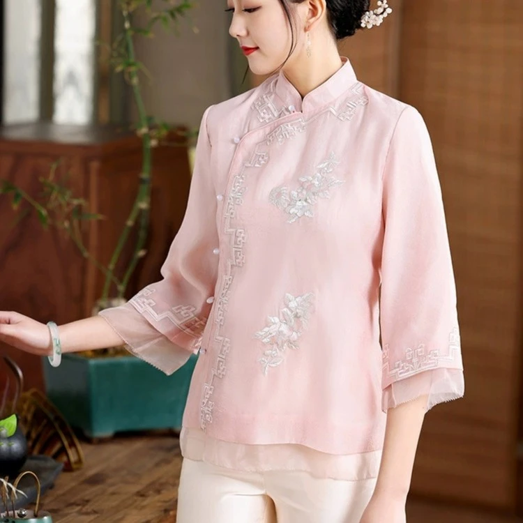 中国风春夏刺绣上衣古风如意芳菲立领重工刺绣纱拼接绣花唐装2206
