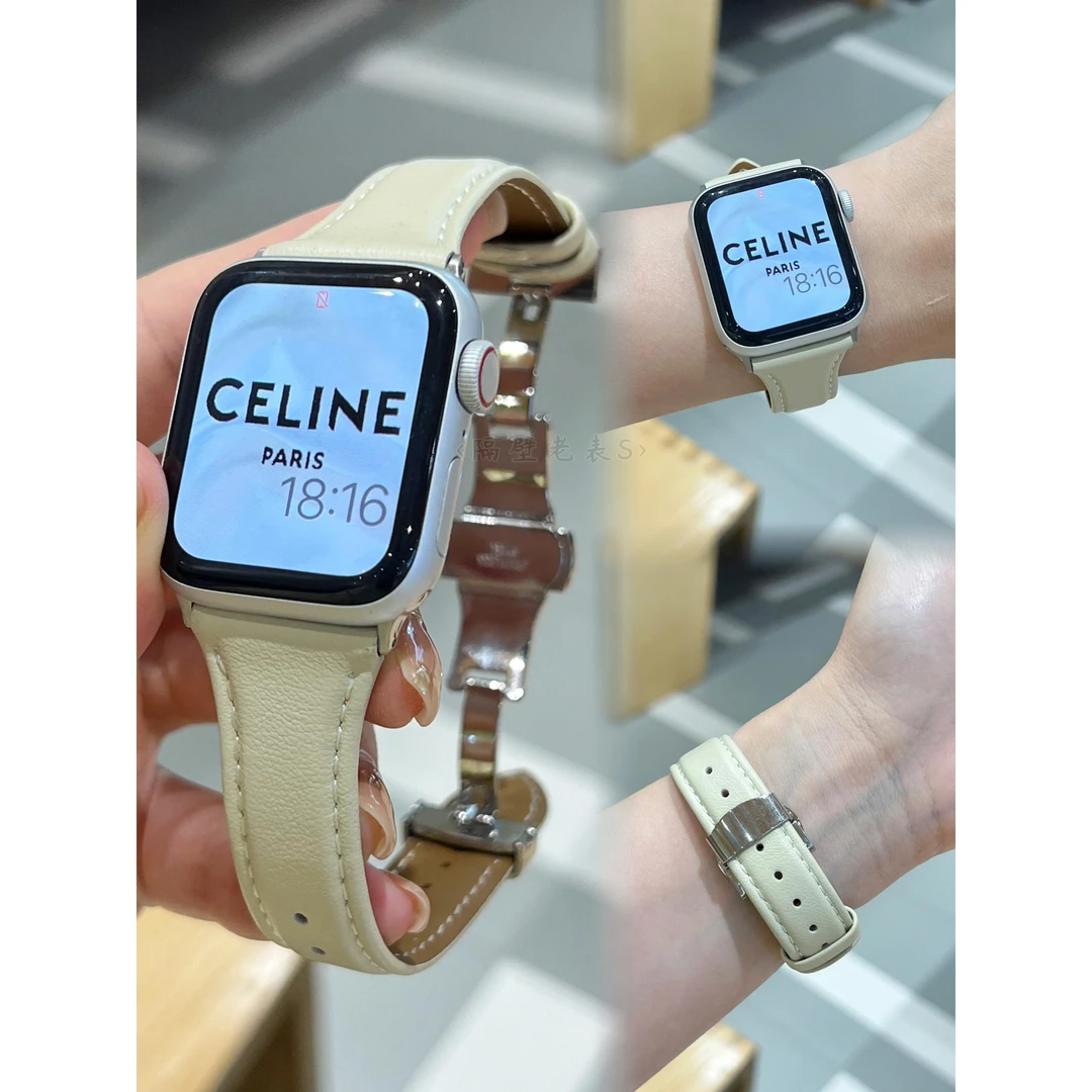 适用苹果手表带ApplewatchS9细牛皮蝴蝶扣尖尾iwatch876se2小众软