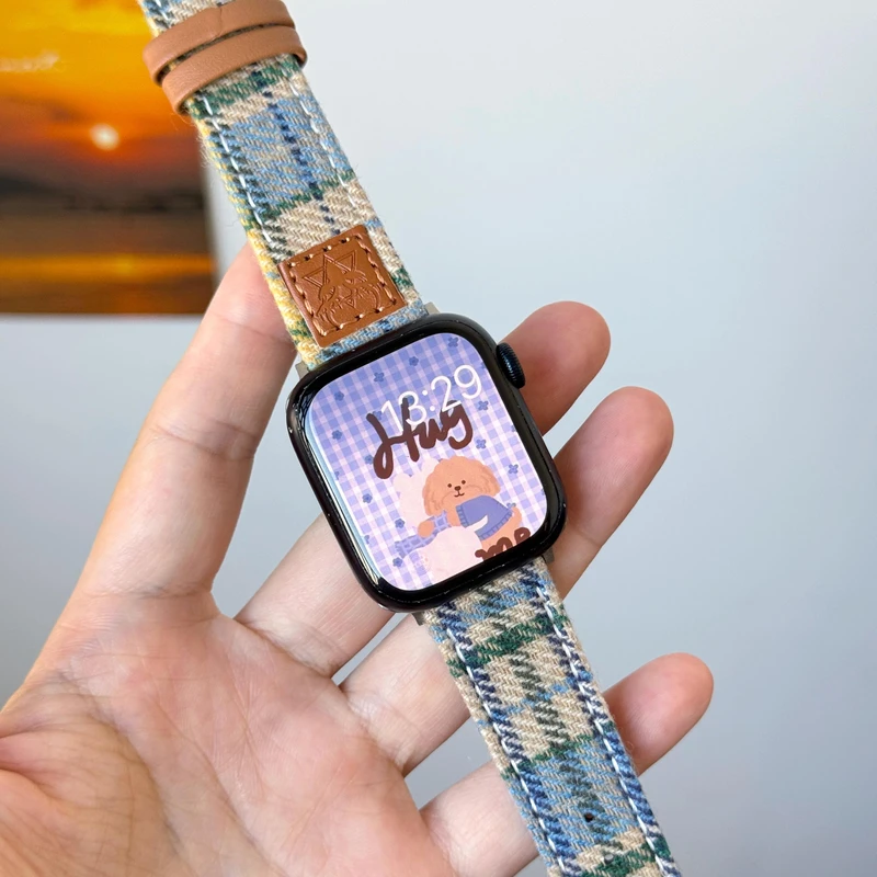 适用苹果手表iwatchS10表带毛绒真皮格纹女apple watch9876SE秋冬