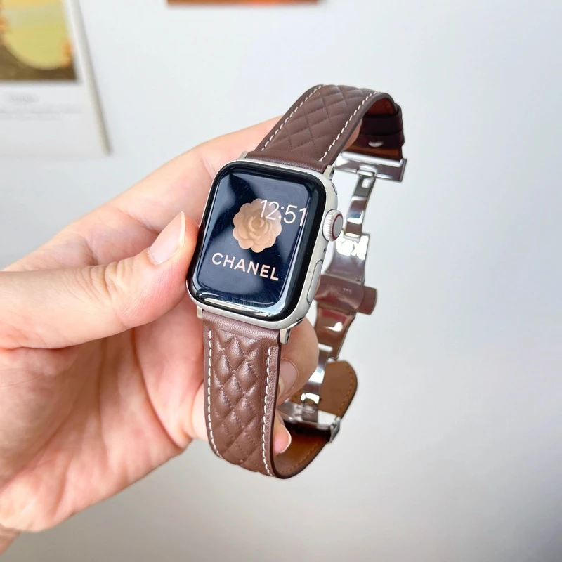 适用apple watchSE10苹果手表带菱格真皮蝴蝶扣iwatch987百搭商务