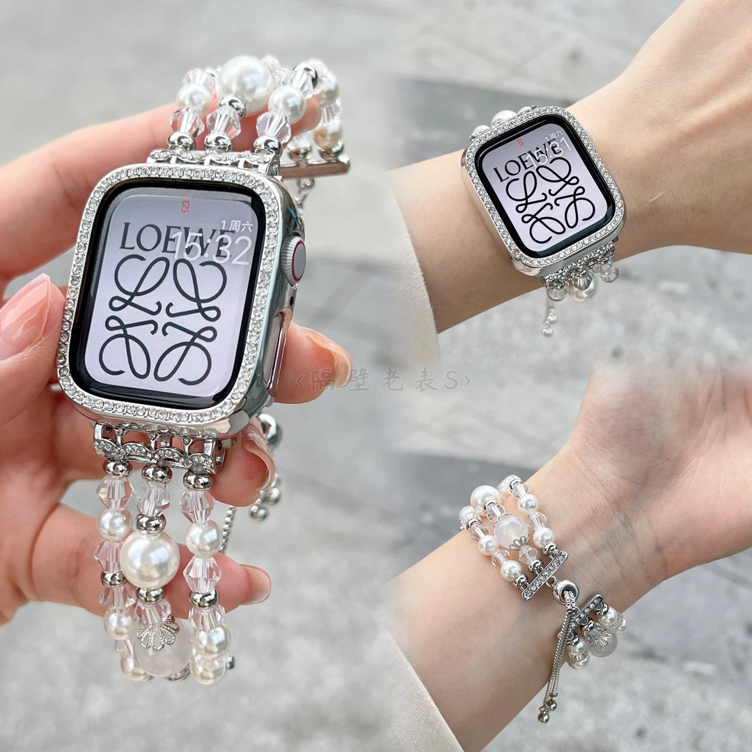适用苹果手表带Applewatch8创意珍珠子手链iwatch765se2水晶闪女