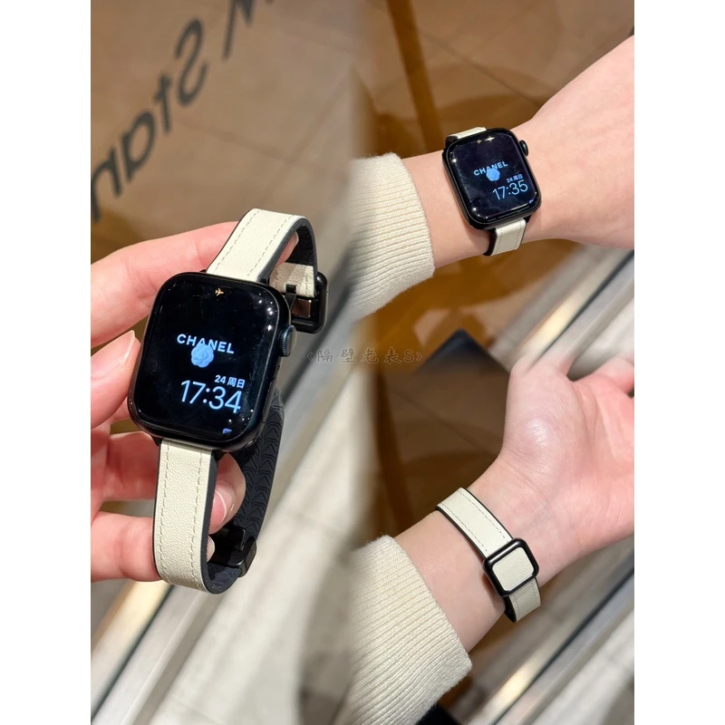 适用苹果手表带Applewatch9细柔软硅胶加牛皮磁吸方扣iwatch876se