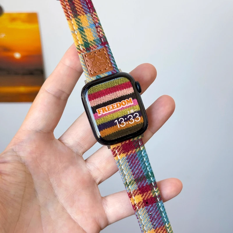 适用苹果手表iwatchS11表带毛绒真皮格纹女apple watch9876SE秋冬