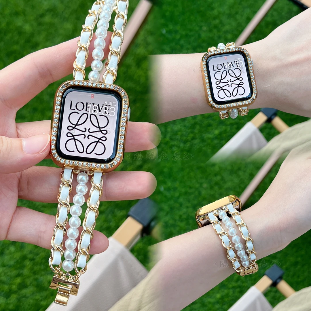 适用苹果手表带Applewatch8小香风细珍珠表链iwatch7se6小众高级