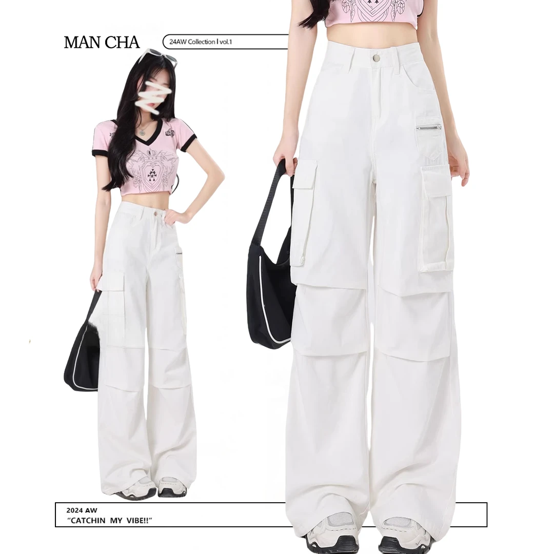 白色高腰阔腿工装牛仔裤女2025春欧若风宽松显瘦小众直筒休闲裤