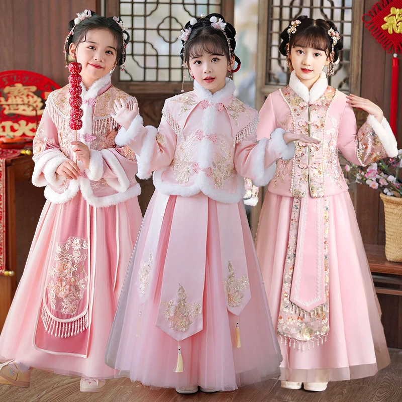 青2059汉服女童秋冬中国风新款古装冬儿童唐装女孩加绒加厚拜年服