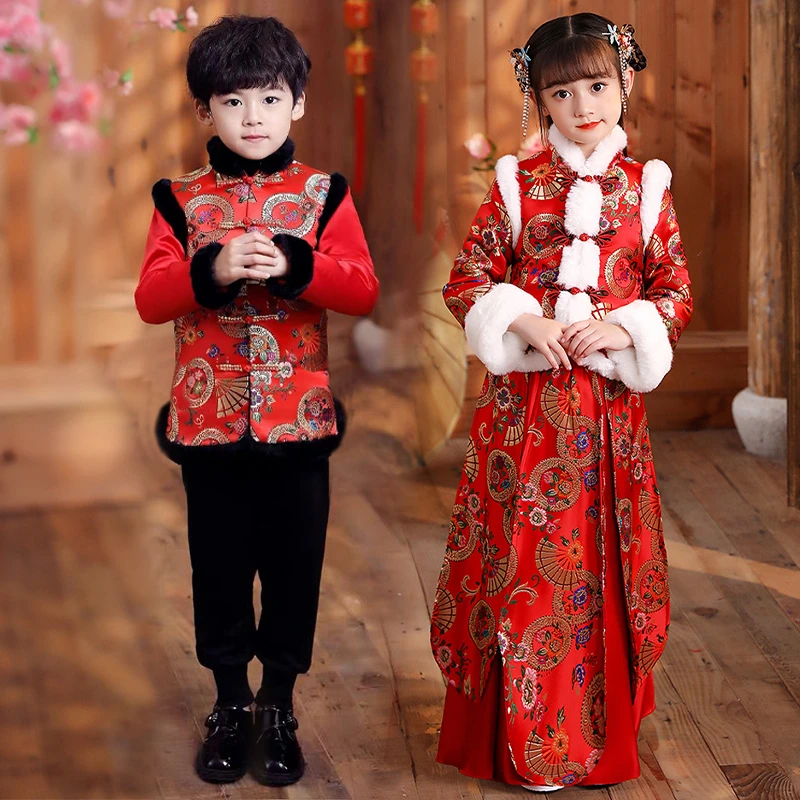 8946儿童拜年服男女童唐装中国风宝宝加厚过年衣服冬季喜庆汉服裙