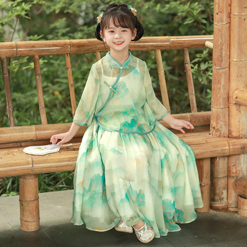 青仓-SL2815儿童汉服民国风套装女童中式唐装两件套女孩旗袍裙夏