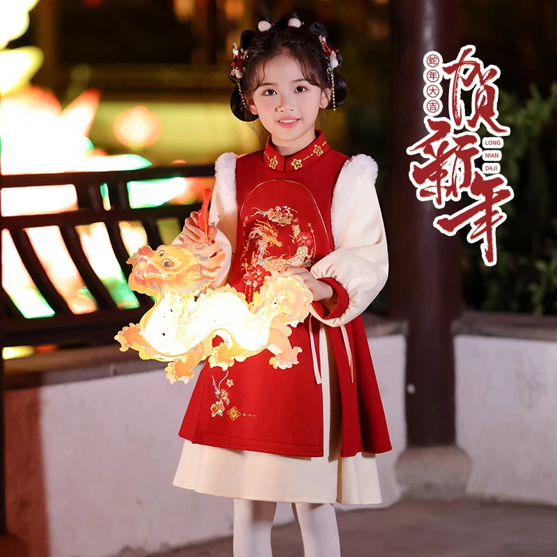 SL3258女童中国风旗袍裙新款冬装汉服唐装拜年服儿童加厚古装裙子