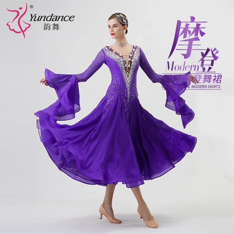 Yundance韵舞新款珍珠丝大裙摆国标摩登舞蹈表演出比赛服装定制