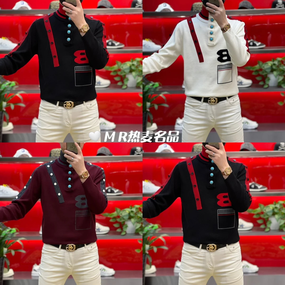 【格朗甄选】秋冬羊毛衫松石绿纽扣拼接24款 男士修身中高领羊毛衫