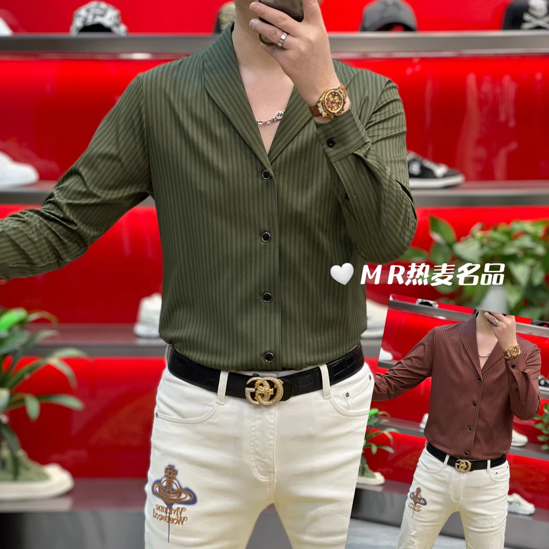 【熠星甄选】2024新款秋条纹潮流款 男士修身弹力长袖西装领衬衫