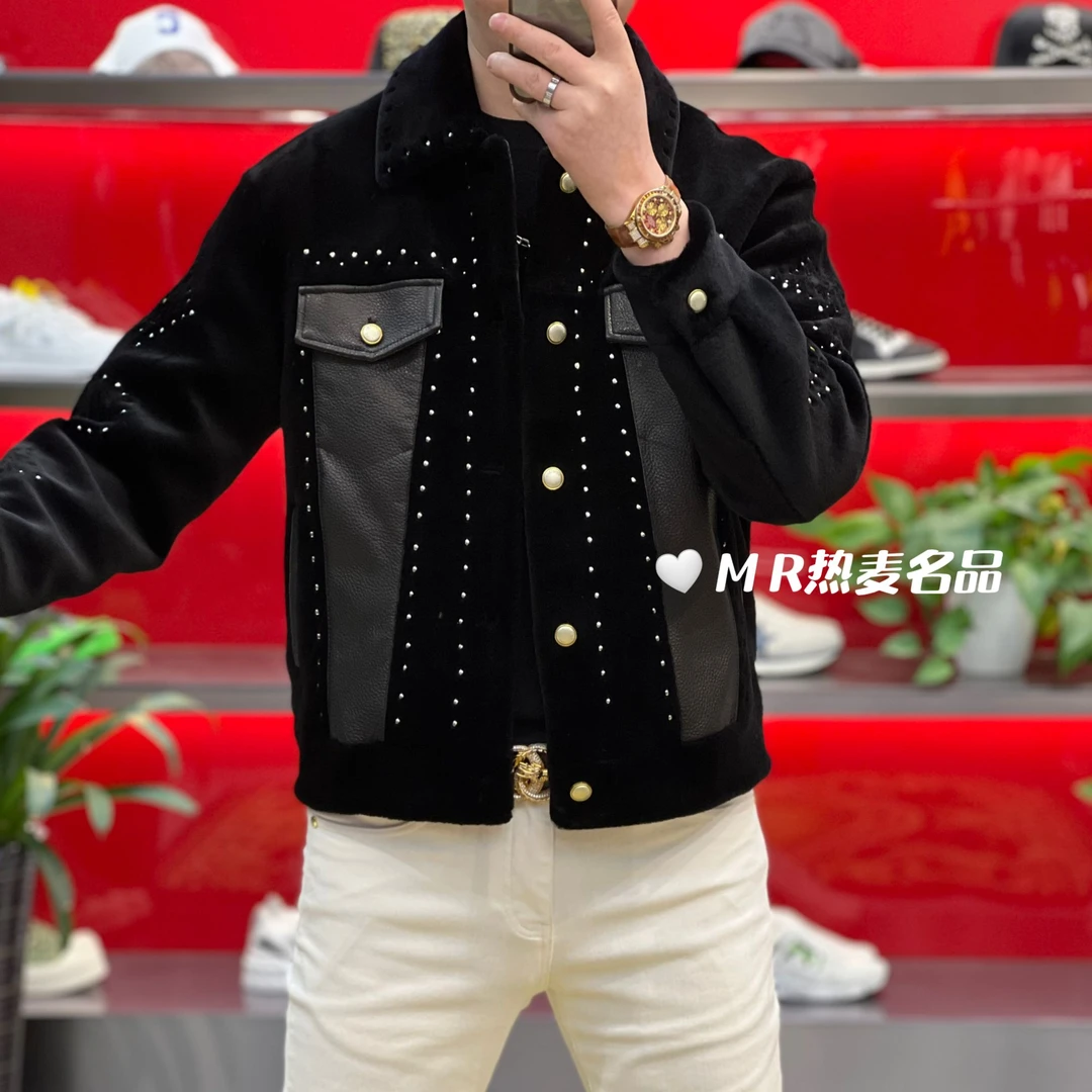 【格朗甄选】冬款全羊毛铆钉拼皮2024款 男士修身个性保暖翻领外套