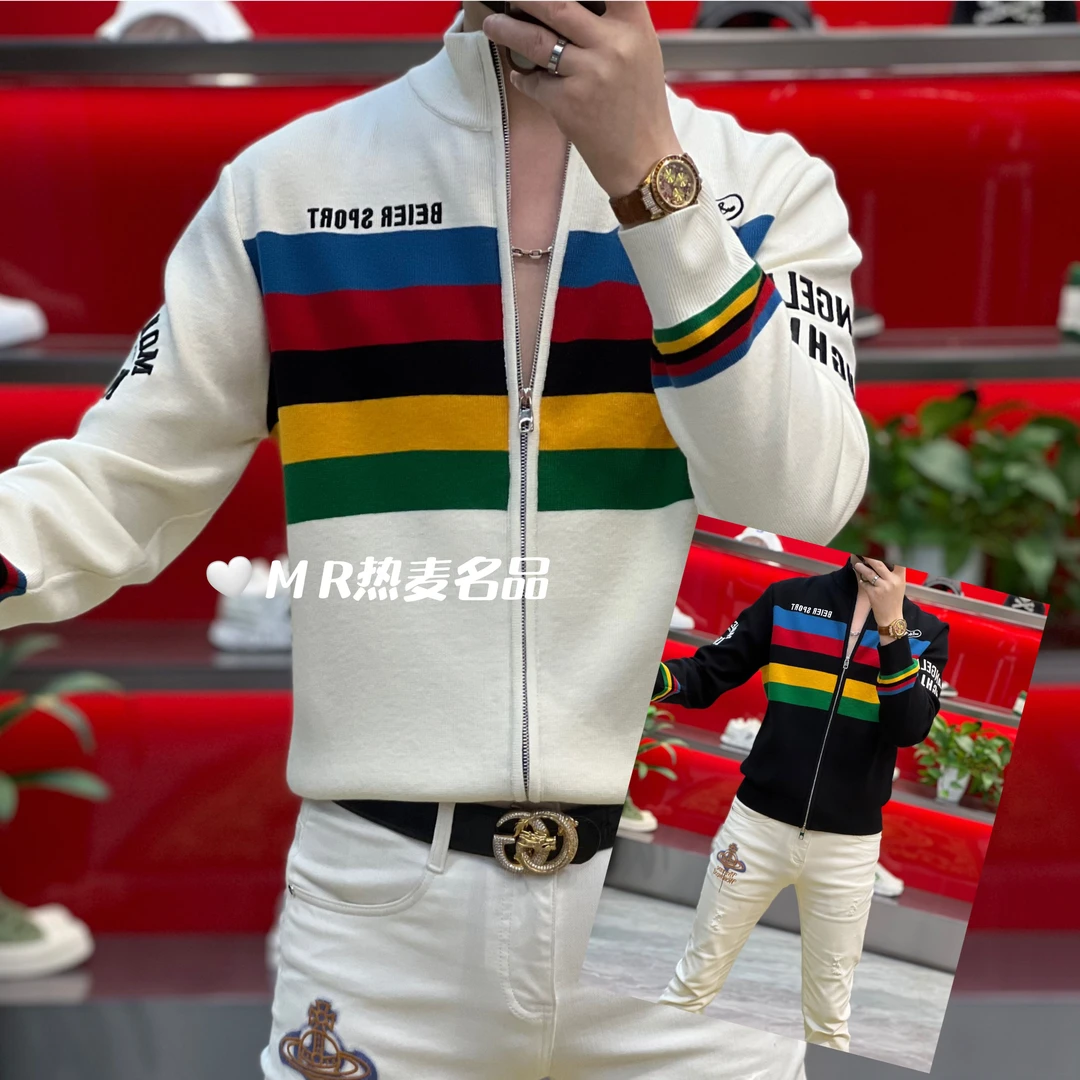 【格朗甄选】2024新款秋冬开拉链条纹款 男士修身弹力竖领毛衫2408