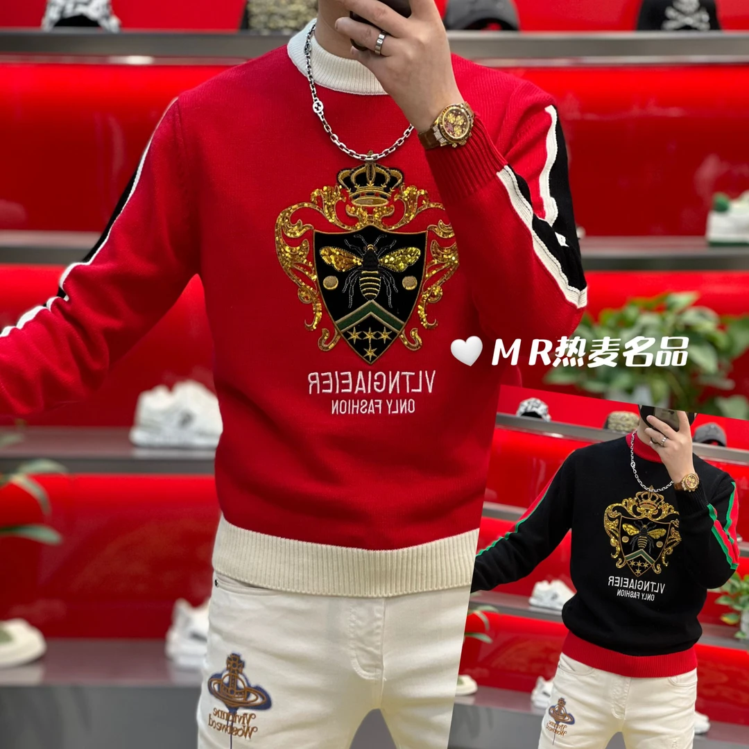 【格朗甄选】2024新款秋冬织带刺绣蜜蜂款 男士修身弹力圆领毛衫