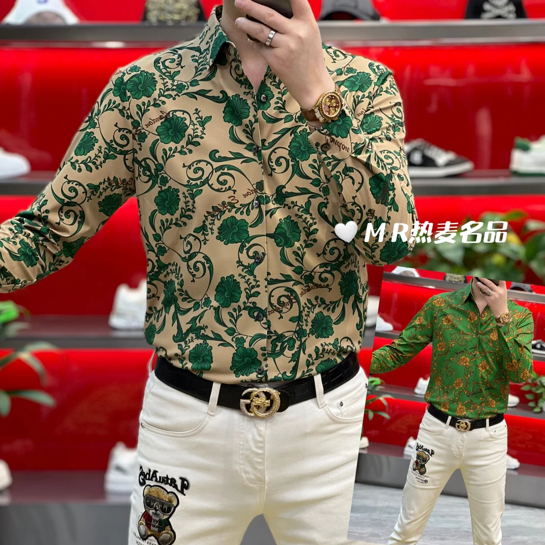 【格朗甄选】2024新款秋冬双面印花金藤花款 男士修身弹力长袖衬衫